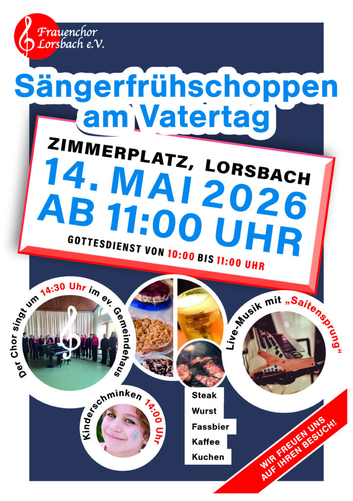 Plakat zum Sängerfrühschoppen am Vatertag in Lorsbach mit Termin, Programm und kulinarischem Angebot