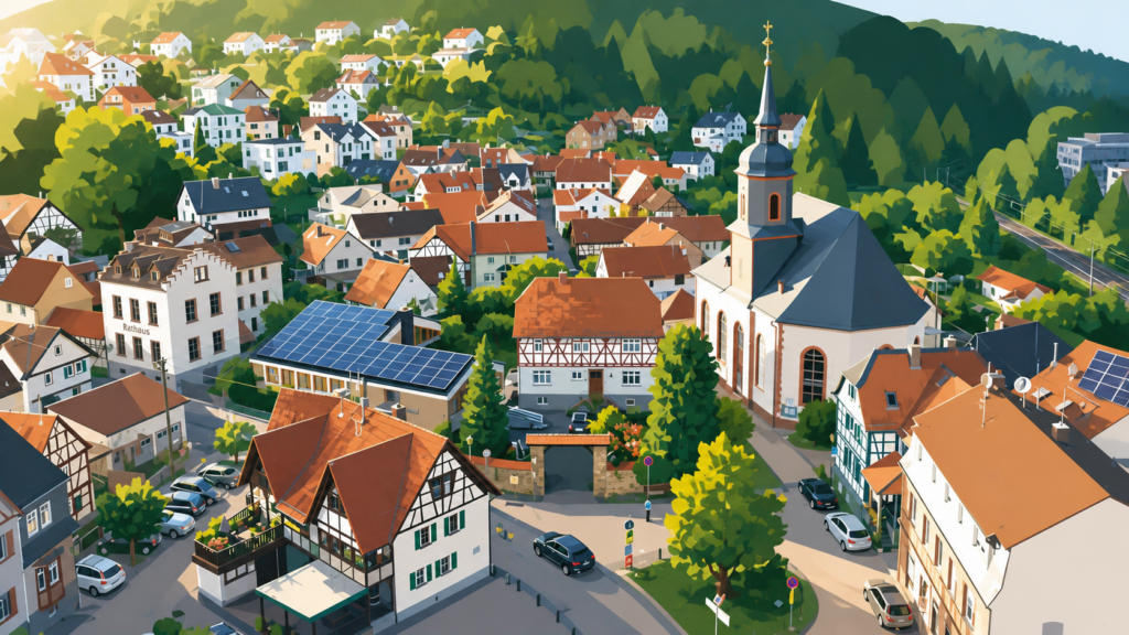 Luftaufnahme des Zimmerplatzes in Lorsbach mit Kirche, Fachwerkhäusern und umliegender Bebauung