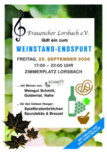 Plakat zum Weinstand-Endspurt 2026 des Frauenchors Lorsbach auf dem Zimmerplatz